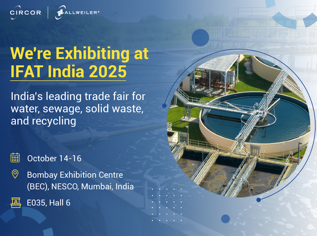Promotional graphic for CIRCOR and ALLWEILER announcing participation at IFAT India 2025, taking place October 14–16 at Bombay Exhibition Centre (BEC), NESCO, Mumbai. The image features event details on the left and a circular photo of a wastewater treatment plant on the right, with visual design elements in blue and yellow.