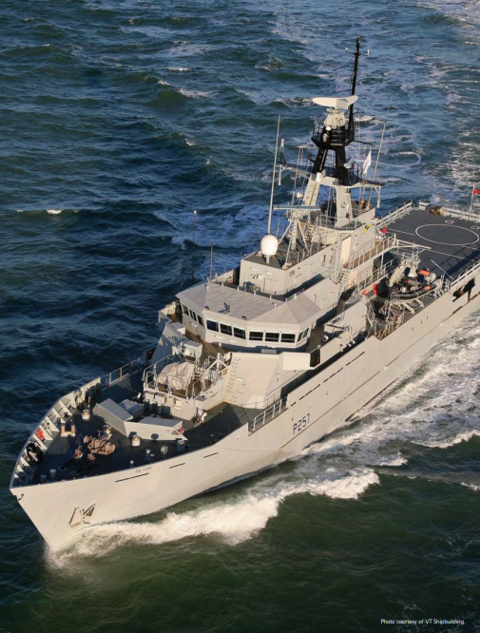 Naval patrol vessel P257 sailing at sea, viewed from above