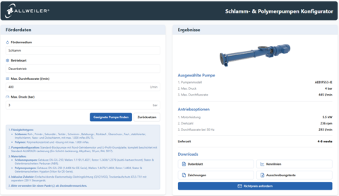 Screenshot des Schnellauswahl-Tools für Schlamm- und Polymerpumpen